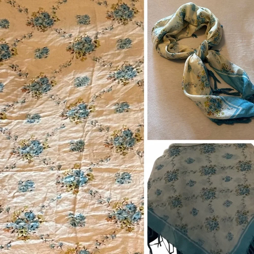 Dainty Silk Scarf Shawl Roses Blue Cream Cottagecore Fringe 39” x 41”